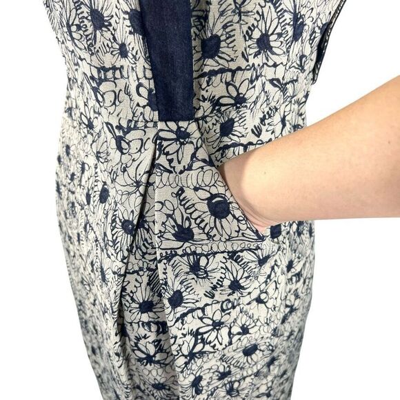Adam Lippes New w Tags ! Beige & Navy Floral Linen-Cotton Jacquard Sheath Dress - Picture 6 of 13